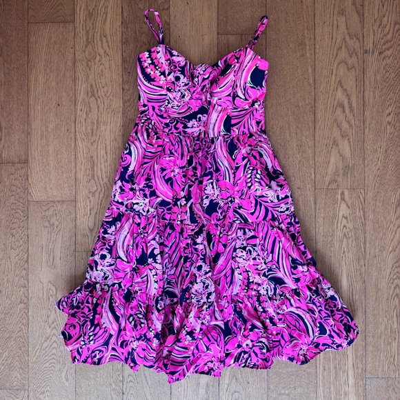 Lilly Pulitzer Adalia Fit & Flare Dress SZ 4 Low Tide Navy Flirty Fins & Feather - Picture 7 of 16